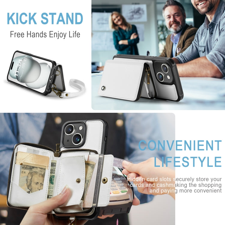 For iPhone 15 Plus JEEHOOD C22 Series Zipper Wallet Leather Phone Case with Dual Lanyard(White) by JEEHOOD