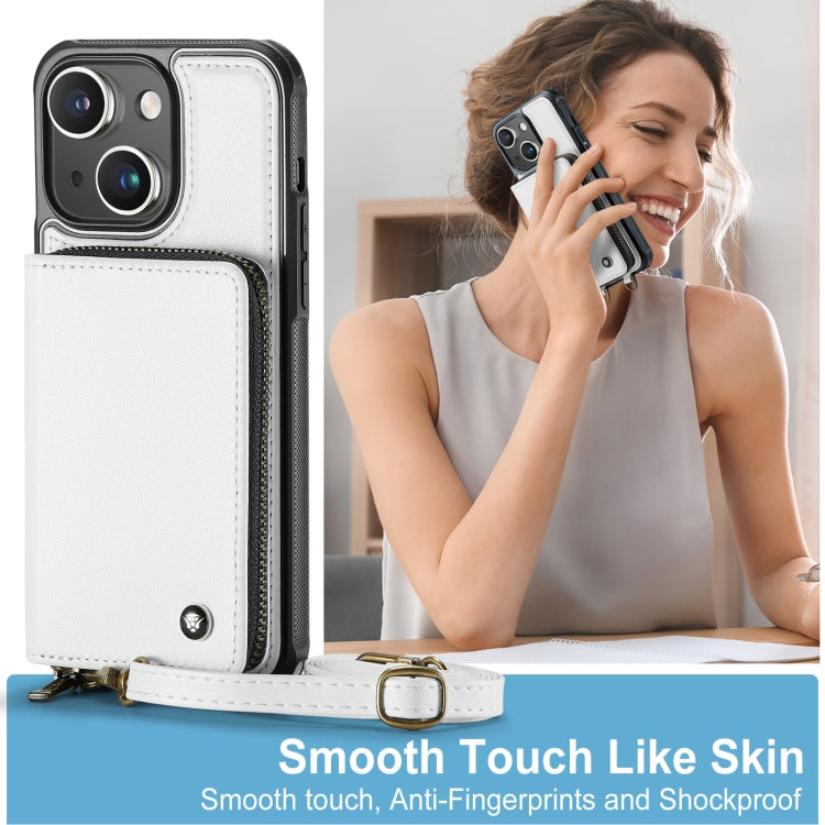 For iPhone 15 Plus JEEHOOD C22 Series Zipper Wallet Leather Phone Case with Dual Lanyard(White) by JEEHOOD