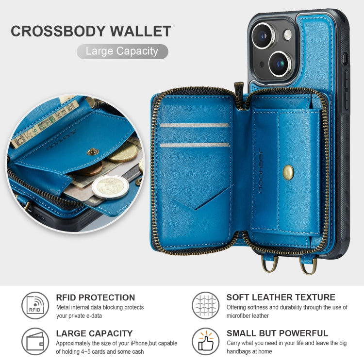 For iPhone 15 JEEHOOD C22 Series Zipper Wallet Leather Phone Case with Dual Lanyard(Blue) by JEEHOOD
