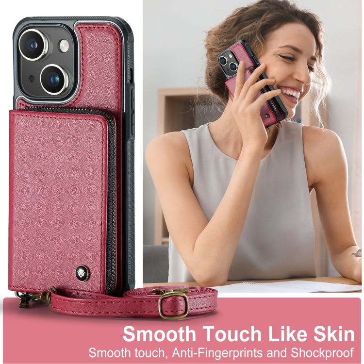 For iPhone 15 JEEHOOD C22 Series Zipper Wallet Leather Phone Case with Dual Lanyard(Red) by JEEHOOD