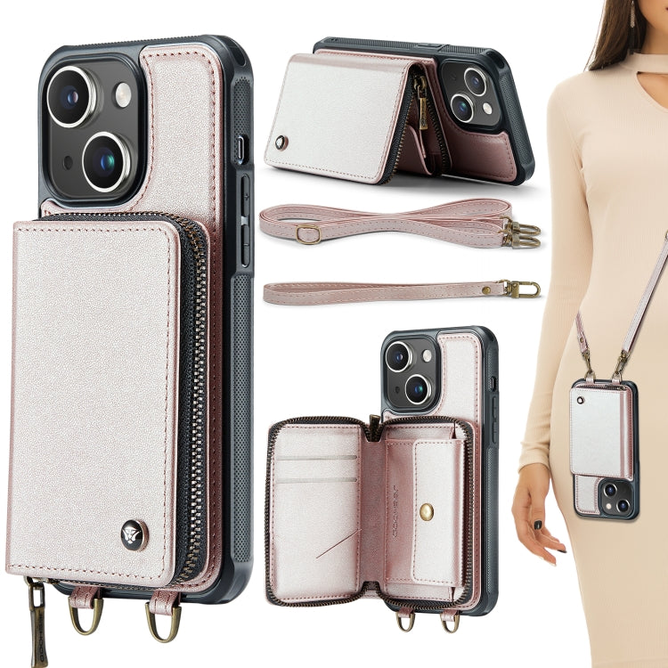 For iPhone 15 JEEHOOD C22 Series Zipper Wallet Leather Phone Case with Dual Lanyard(Rose Gold) by JEEHOOD