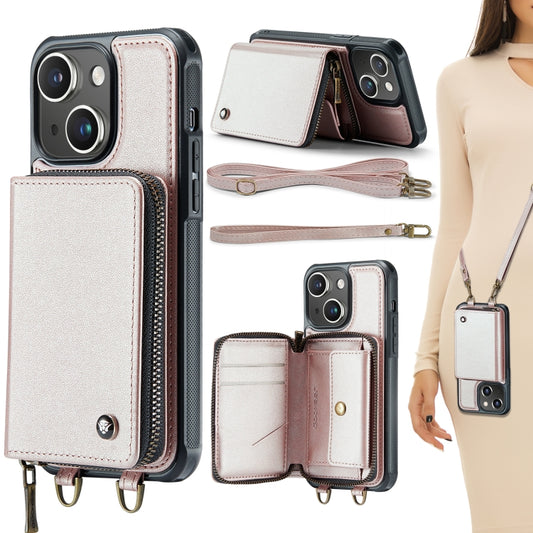 For iPhone 15 JEEHOOD C22 Series Zipper Wallet Leather Phone Case with Dual Lanyard(Rose Gold) by JEEHOOD