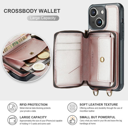For iPhone 15 JEEHOOD C22 Series Zipper Wallet Leather Phone Case with Dual Lanyard(Rose Gold) by JEEHOOD