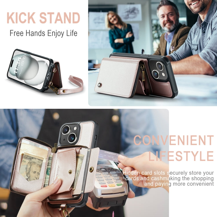 For iPhone 15 JEEHOOD C22 Series Zipper Wallet Leather Phone Case with Dual Lanyard(Rose Gold) by JEEHOOD