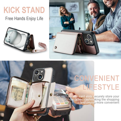 For iPhone 15 JEEHOOD C22 Series Zipper Wallet Leather Phone Case with Dual Lanyard(Rose Gold) by JEEHOOD