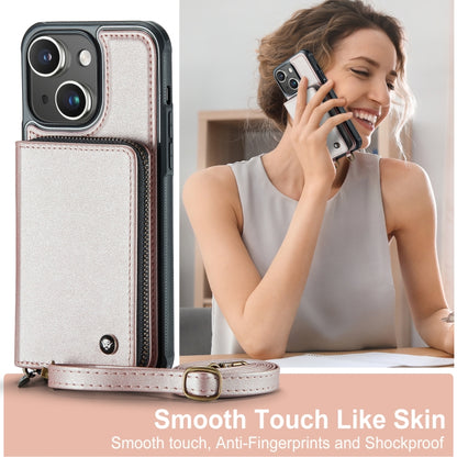 For iPhone 15 JEEHOOD C22 Series Zipper Wallet Leather Phone Case with Dual Lanyard(Rose Gold) by JEEHOOD