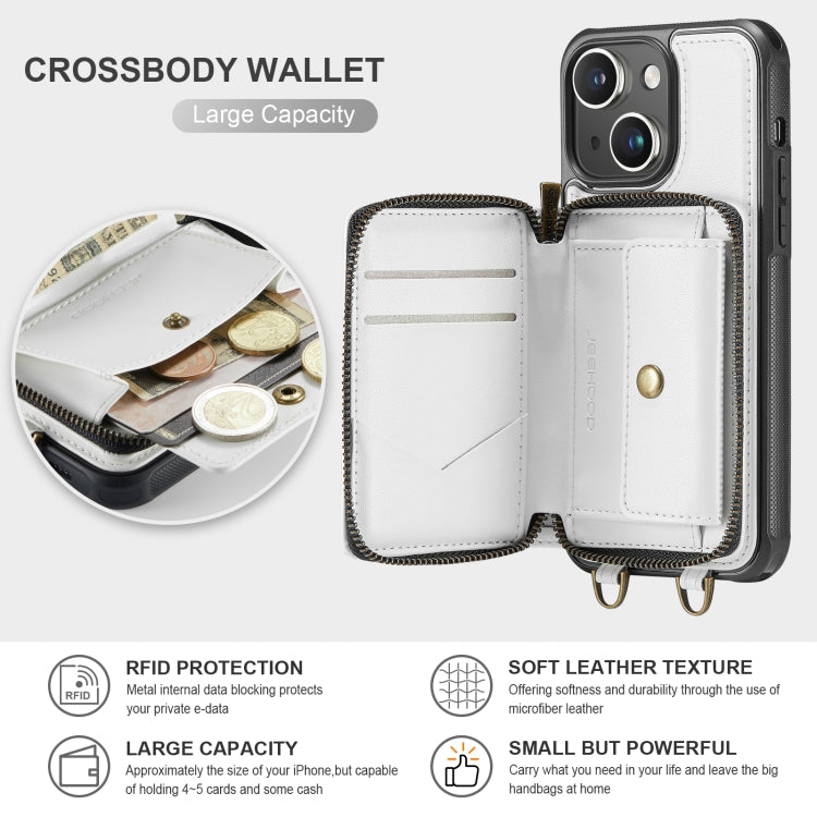 For iPhone 15 JEEHOOD C22 Series Zipper Wallet Leather Phone Case with Dual Lanyard(White) by JEEHOOD