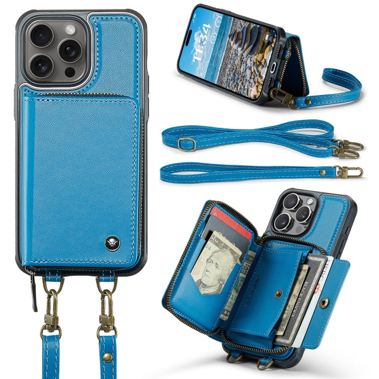 For iPhone 16 Pro Max JEEHOOD C22 Series Zipper Wallet Leather Phone Case with Dual Lanyard(Blue) by JEEHOOD