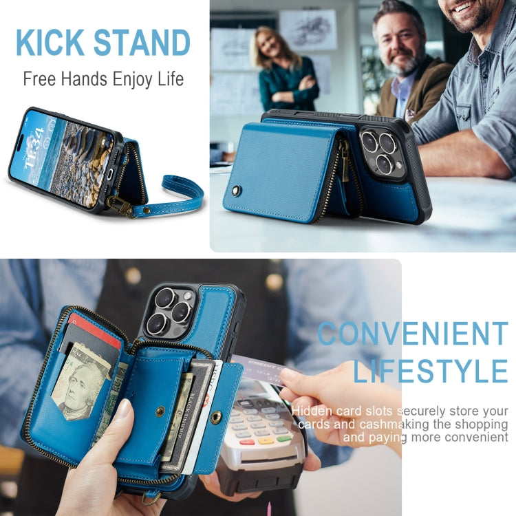 For iPhone 16 Pro Max JEEHOOD C22 Series Zipper Wallet Leather Phone Case with Dual Lanyard(Blue) by JEEHOOD