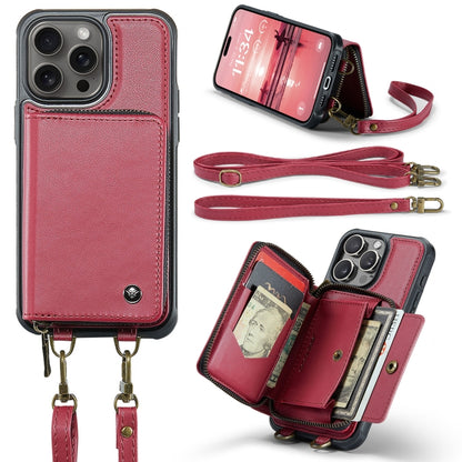 For iPhone 16 Pro Max JEEHOOD C22 Series Zipper Wallet Leather Phone Case with Dual Lanyard(Red) by JEEHOOD