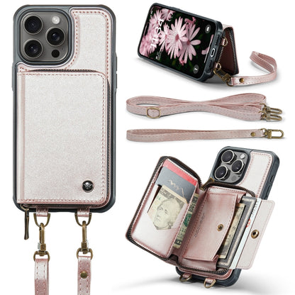 For iPhone 16 Pro Max JEEHOOD C22 Series Zipper Wallet Leather Phone Case with Dual Lanyard(Rose Gold) by JEEHOOD