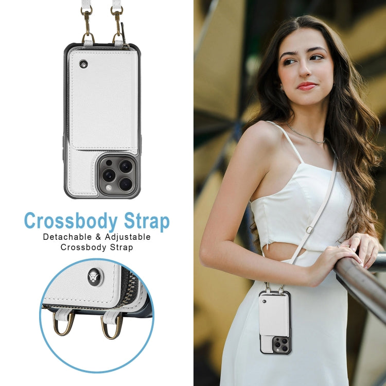 For iPhone 16 Pro Max JEEHOOD C22 Series Zipper Wallet Leather Phone Case with Dual Lanyard(White) by JEEHOOD