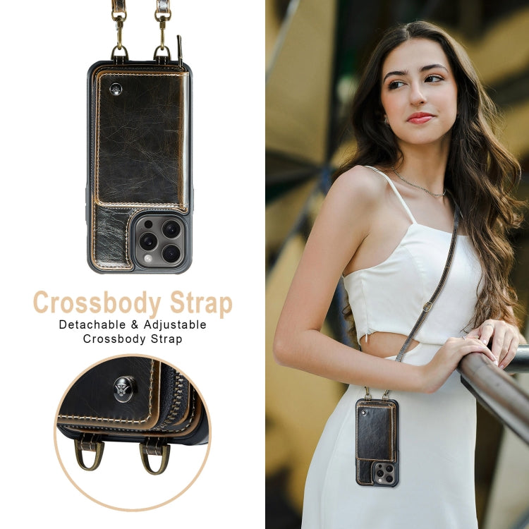 For iPhone 16 Pro Max JEEHOOD C22 Series Zipper Wallet Leather Phone Case with Dual Lanyard(Coffee) by JEEHOOD