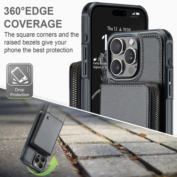 For iPhone 16 Pro JEEHOOD C22 Series Zipper Wallet Leather Phone Case with Dual Lanyard(Black) by JEEHOOD