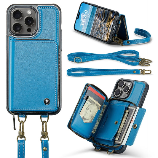 For iPhone 16 Pro JEEHOOD C22 Series Zipper Wallet Leather Phone Case with Dual Lanyard(Blue) by JEEHOOD