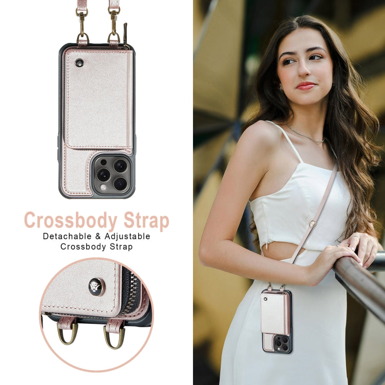 For iPhone 16 Pro JEEHOOD C22 Series Zipper Wallet Leather Phone Case with Dual Lanyard(Rose Gold) by JEEHOOD