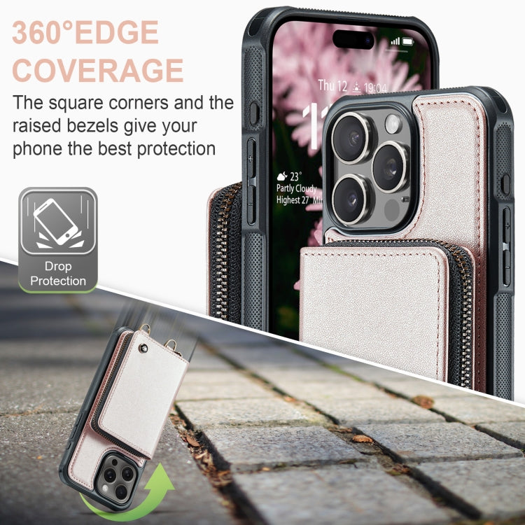 For iPhone 16 Pro JEEHOOD C22 Series Zipper Wallet Leather Phone Case with Dual Lanyard(Rose Gold) by JEEHOOD