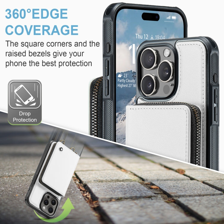 For iPhone 16 Pro JEEHOOD C22 Series Zipper Wallet Leather Phone Case with Dual Lanyard(White) by JEEHOOD