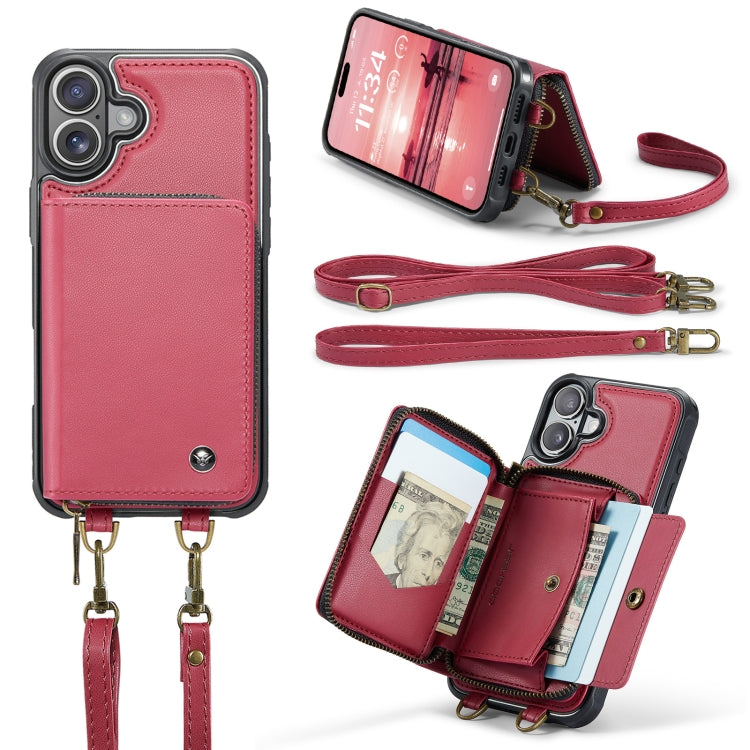 For iPhone 16 Plus JEEHOOD C22 Series Zipper Wallet Leather Phone Case with Dual Lanyard(Red) by JEEHOOD