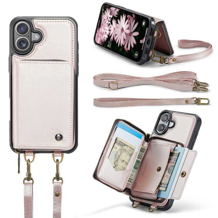 For iPhone 16 Plus JEEHOOD C22 Series Zipper Wallet Leather Phone Case with Dual Lanyard(Rose Gold) by JEEHOOD