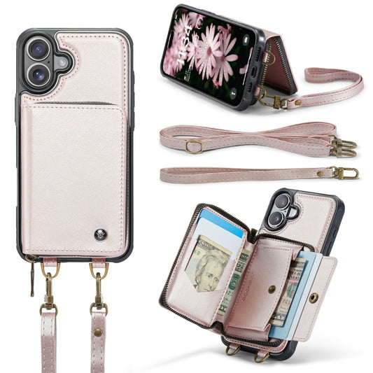 For iPhone 16 Plus JEEHOOD C22 Series Zipper Wallet Leather Phone Case with Dual Lanyard(Rose Gold) by JEEHOOD
