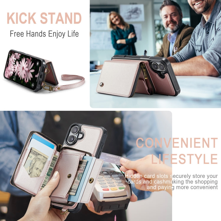 For iPhone 16 Plus JEEHOOD C22 Series Zipper Wallet Leather Phone Case with Dual Lanyard(Rose Gold) by JEEHOOD