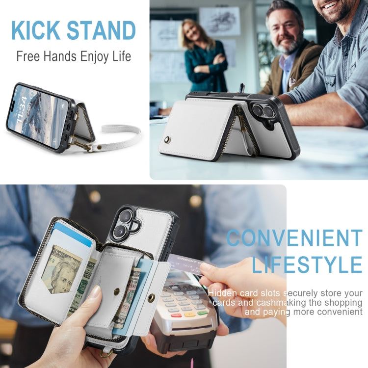 For iPhone 16 Plus JEEHOOD C22 Series Zipper Wallet Leather Phone Case with Dual Lanyard(White) by JEEHOOD