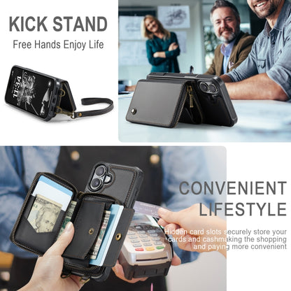 For iPhone 16 JEEHOOD C22 Series Zipper Wallet Leather Phone Case with Dual Lanyard(Black) by JEEHOOD