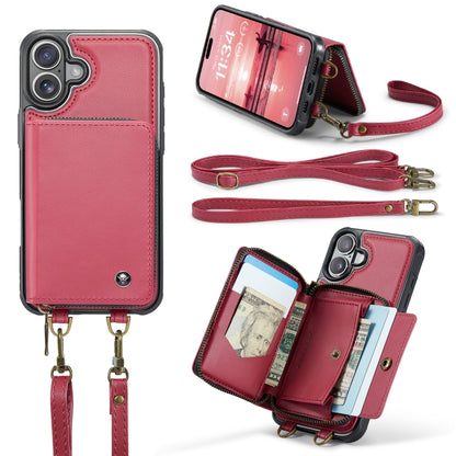 For iPhone 16 JEEHOOD C22 Series Zipper Wallet Leather Phone Case with Dual Lanyard(Red) by JEEHOOD