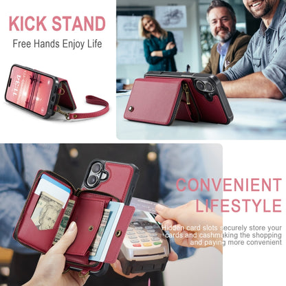 For iPhone 16 JEEHOOD C22 Series Zipper Wallet Leather Phone Case with Dual Lanyard(Red) by JEEHOOD