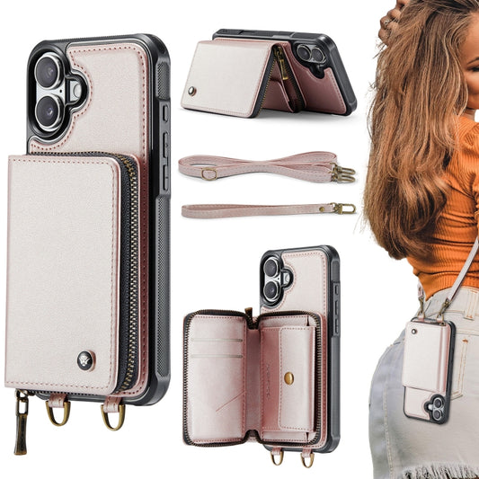 For iPhone 16 JEEHOOD C22 Series Zipper Wallet Leather Phone Case with Dual Lanyard(Rose Gold) by JEEHOOD