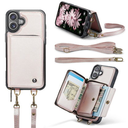 For iPhone 16 JEEHOOD C22 Series Zipper Wallet Leather Phone Case with Dual Lanyard(Rose Gold) by JEEHOOD