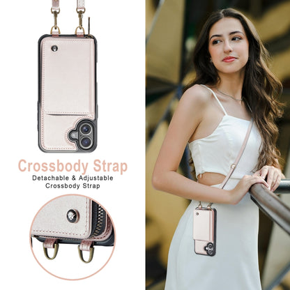 For iPhone 16 JEEHOOD C22 Series Zipper Wallet Leather Phone Case with Dual Lanyard(Rose Gold) by JEEHOOD