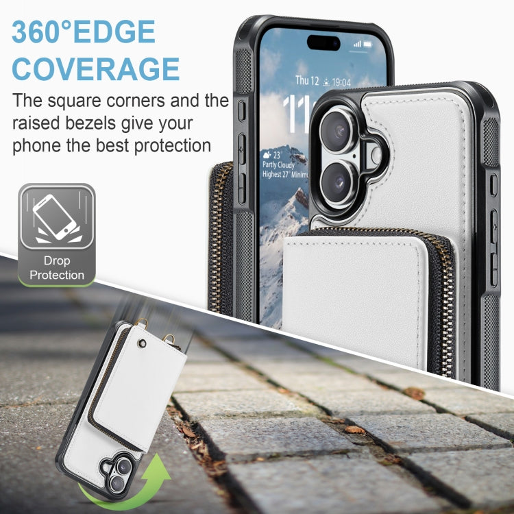For iPhone 16 JEEHOOD C22 Series Zipper Wallet Leather Phone Case with Dual Lanyard(White) by JEEHOOD