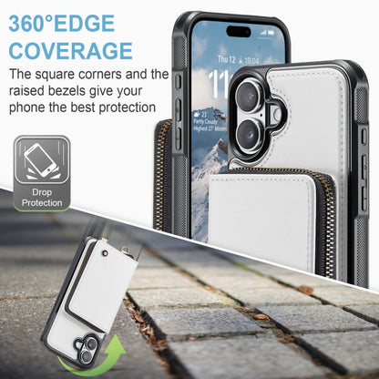 For iPhone 16 JEEHOOD C22 Series Zipper Wallet Leather Phone Case with Dual Lanyard(White) by JEEHOOD