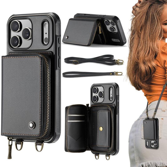 For iPhone 17 Pro Max JEEHOOD C22 Series Zipper Wallet Leather Phone Case with Dual Lanyard(Black) by JEEHOOD