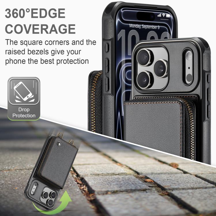 For iPhone 17 Pro Max JEEHOOD C22 Series Zipper Wallet Leather Phone Case with Dual Lanyard(Black) by JEEHOOD