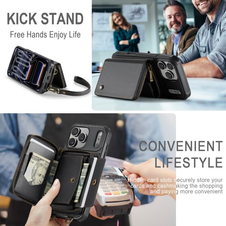 For iPhone 17 Pro Max JEEHOOD C22 Series Zipper Wallet Leather Phone Case with Dual Lanyard(Black) by JEEHOOD