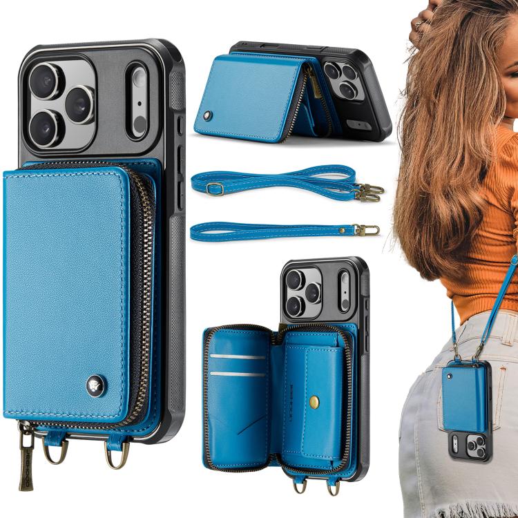 For iPhone 17 Pro Max JEEHOOD C22 Series Zipper Wallet Leather Phone Case with Dual Lanyard(Blue) by JEEHOOD