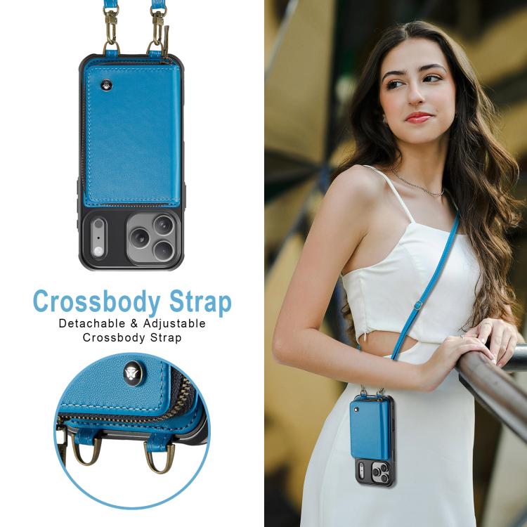 For iPhone 17 Pro Max JEEHOOD C22 Series Zipper Wallet Leather Phone Case with Dual Lanyard(Blue) by JEEHOOD