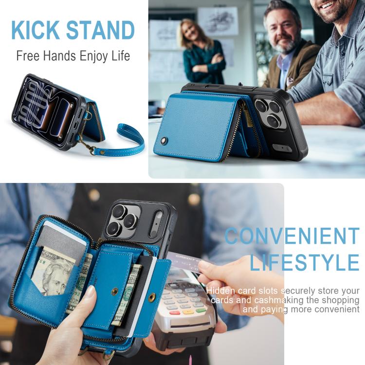 For iPhone 17 Pro Max JEEHOOD C22 Series Zipper Wallet Leather Phone Case with Dual Lanyard(Blue) by JEEHOOD