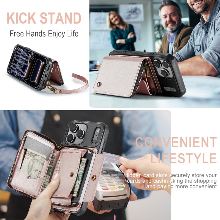 For iPhone 17 Pro Max JEEHOOD C22 Series Zipper Wallet Leather Phone Case with Dual Lanyard(Rose Gold) by JEEHOOD