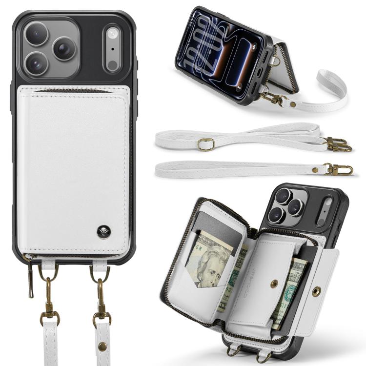For iPhone 17 Pro Max JEEHOOD C22 Series Zipper Wallet Leather Phone Case with Dual Lanyard(White) by JEEHOOD