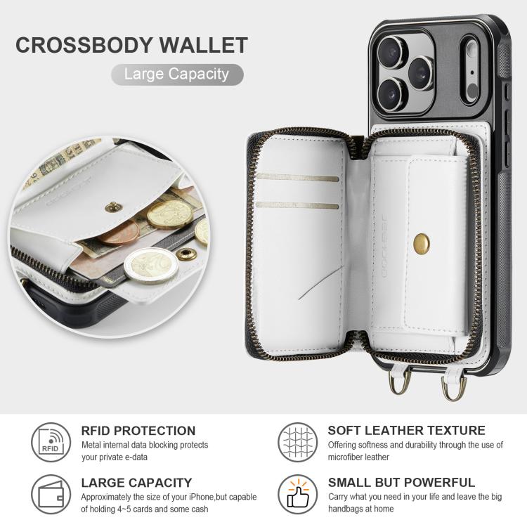 For iPhone 17 Pro Max JEEHOOD C22 Series Zipper Wallet Leather Phone Case with Dual Lanyard(White) by JEEHOOD