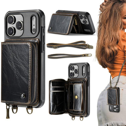 For iPhone 17 Pro Max JEEHOOD C22 Series Zipper Wallet Leather Phone Case with Dual Lanyard(Coffee) by JEEHOOD