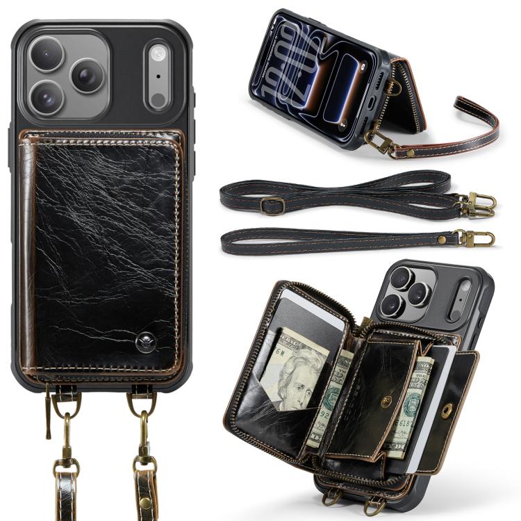 For iPhone 17 Pro Max JEEHOOD C22 Series Zipper Wallet Leather Phone Case with Dual Lanyard(Coffee) by JEEHOOD