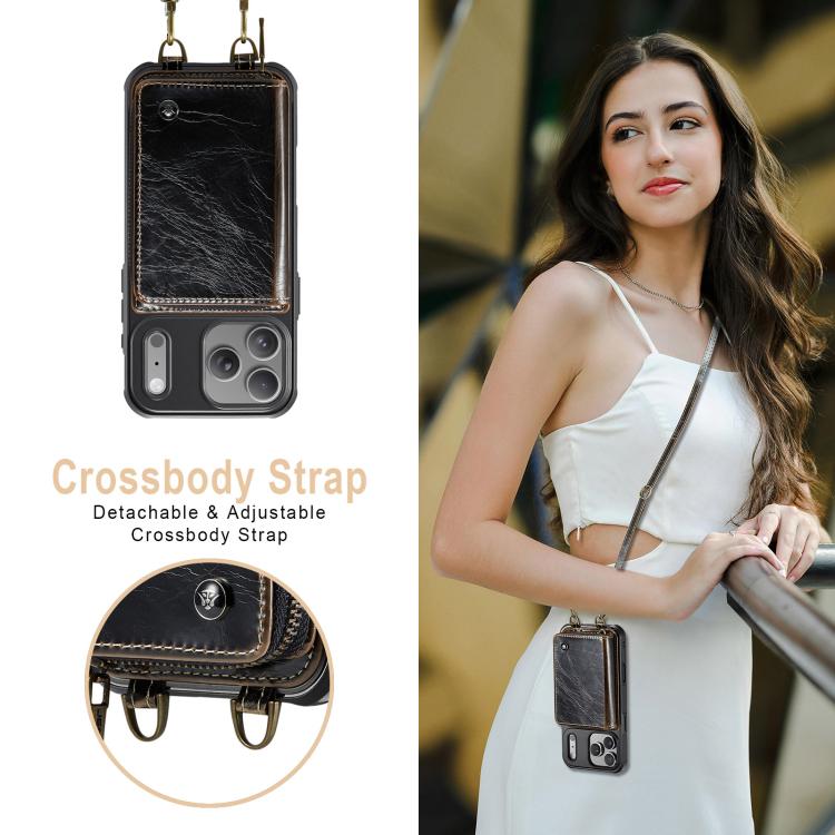 For iPhone 17 Pro Max JEEHOOD C22 Series Zipper Wallet Leather Phone Case with Dual Lanyard(Coffee) by JEEHOOD