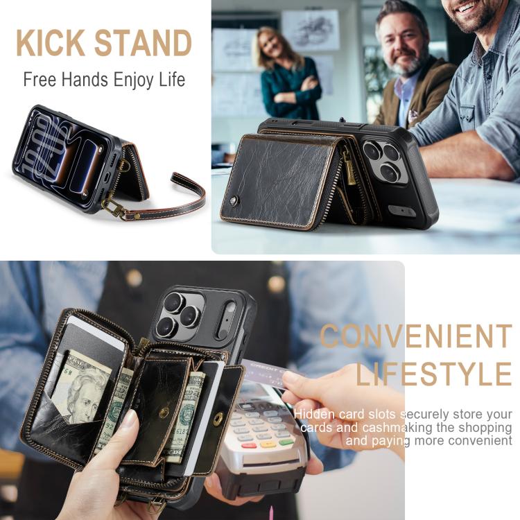 For iPhone 17 Pro Max JEEHOOD C22 Series Zipper Wallet Leather Phone Case with Dual Lanyard(Coffee) by JEEHOOD