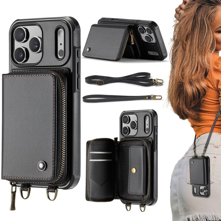 For iPhone 17 Pro JEEHOOD C22 Series Zipper Wallet Leather Phone Case with Dual Lanyard(Black) by JEEHOOD