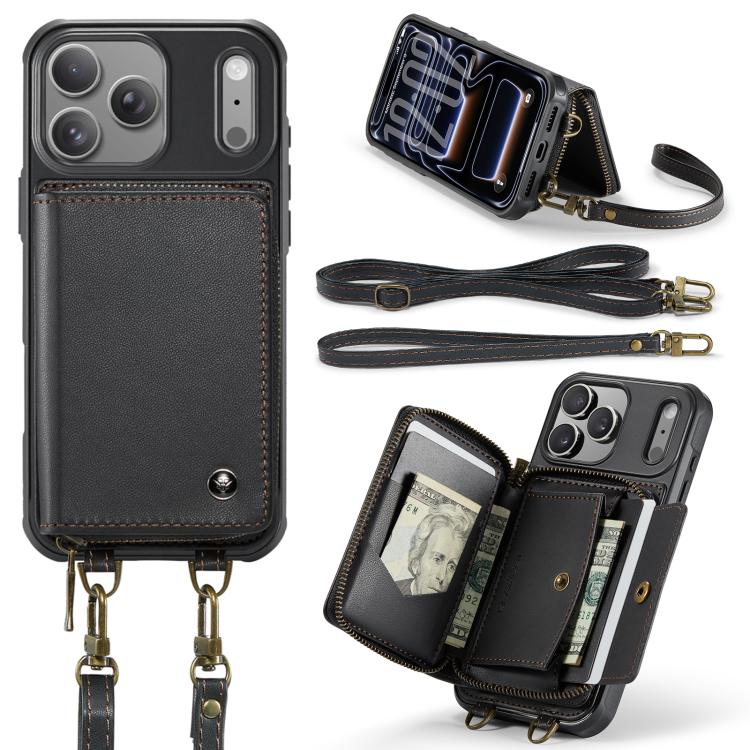 For iPhone 17 Pro JEEHOOD C22 Series Zipper Wallet Leather Phone Case with Dual Lanyard(Black) by JEEHOOD